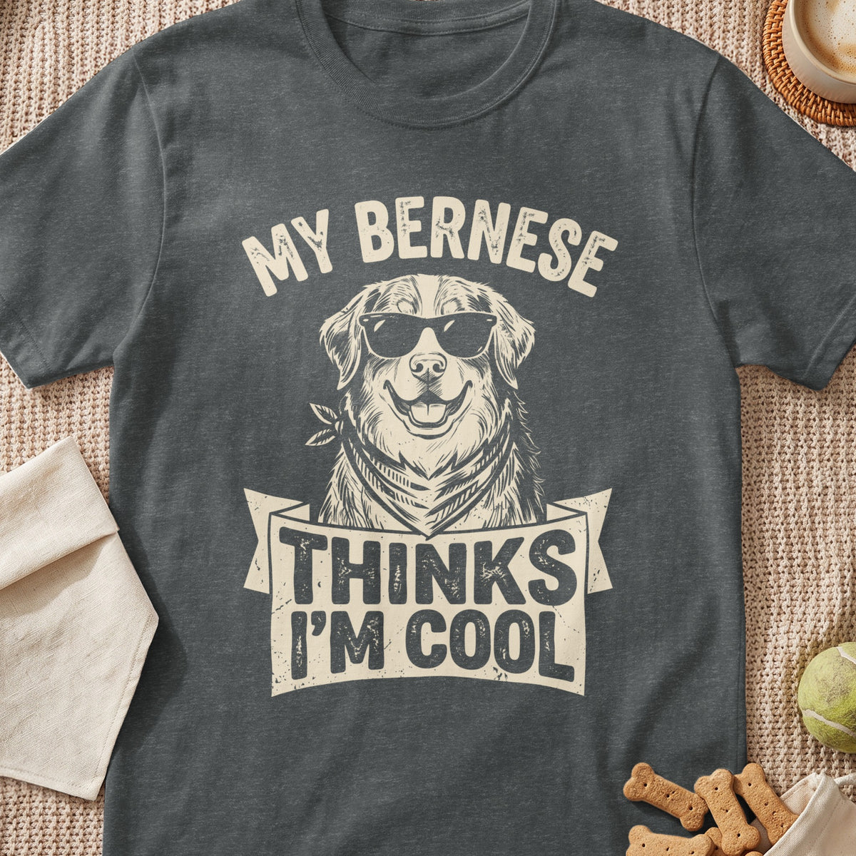 Bernese dog wearing sunglasses and bandana, text reads "My Bernese Thinks I'm Cool".