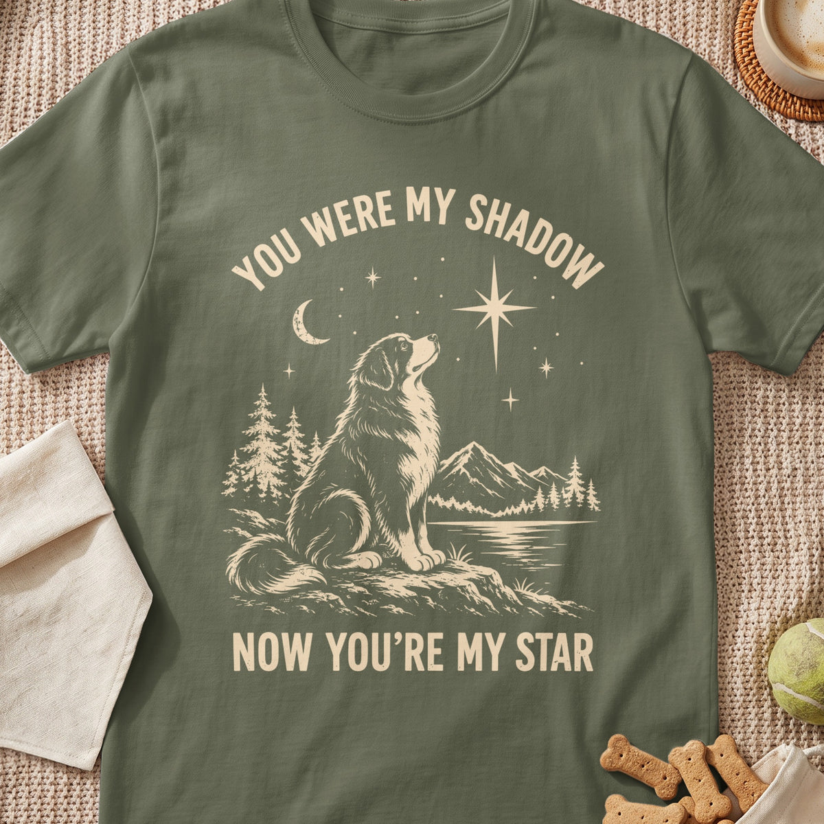 Dog looking at the sky with moon, stars, and mountains, "You Were My Shadow, Now You're My Star."
