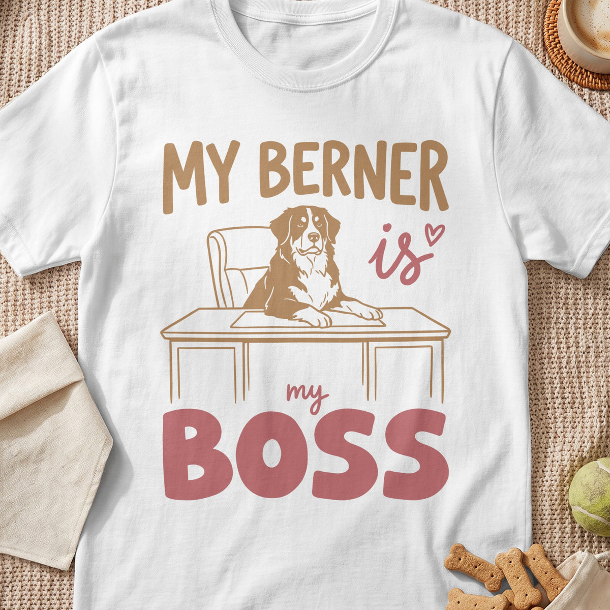 White t-shirt with Bernese Mountain Dog graphic and text "My Berner is my Boss".