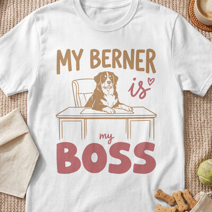 White t-shirt with Bernese Mountain Dog graphic and text "My Berner is my Boss".