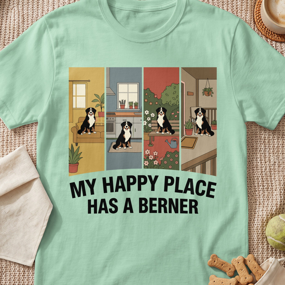 Mint green t-shirt with four panels of a Bernese Mountain Dog in different settings.