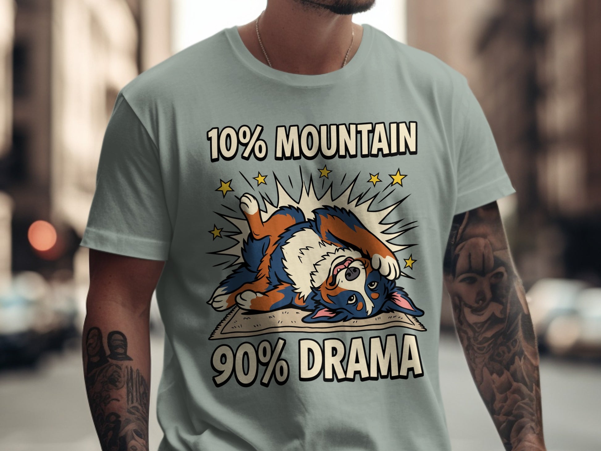 T-shirt with "10% Mountain 90% Drama" text and a cartoon dog.