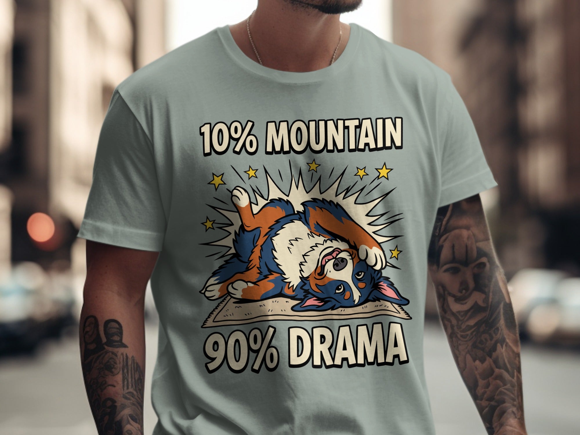 T-shirt with "10% Mountain 90% Drama" text and a cartoon dog.