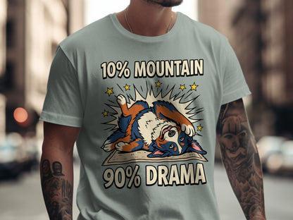 T-shirt with "10% Mountain 90% Drama" text and a cartoon dog.