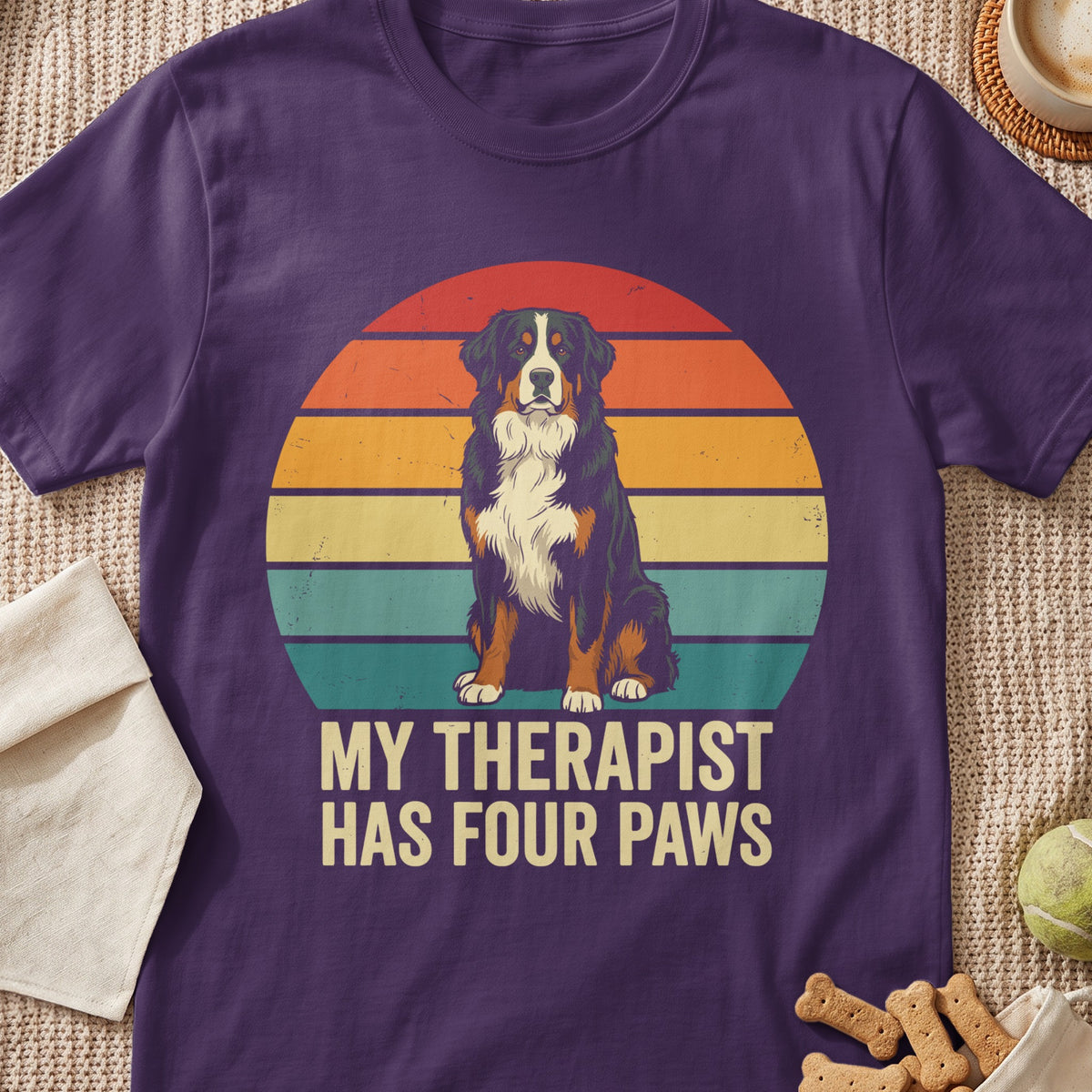 Bernese Mountain Dog on retro sunset with text "MY THERAPIST HAS FOUR PAWS."