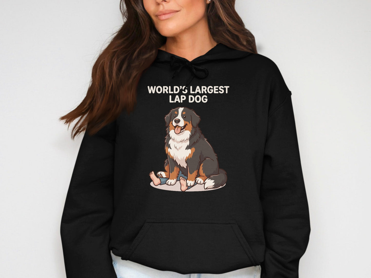 Black hoodie with text "World's Largest Lap Dog" and a cartoon dog.