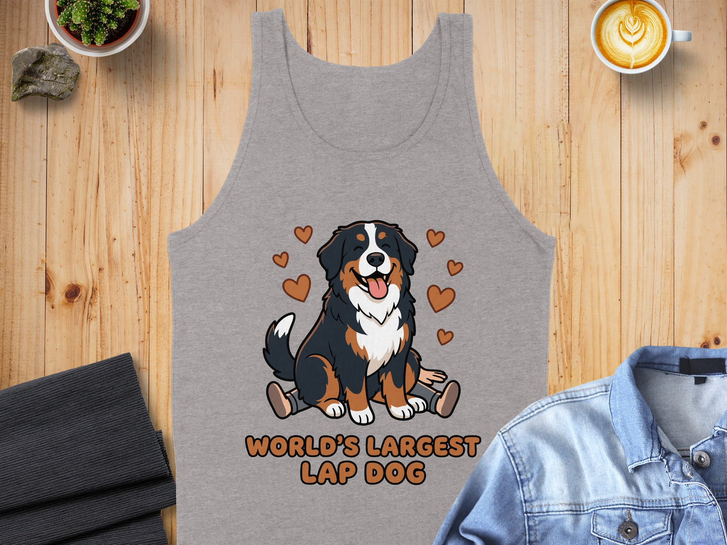 Gray tank top with "World's Largest Lap Dog" and cartoon Bernese Mountain Dog.