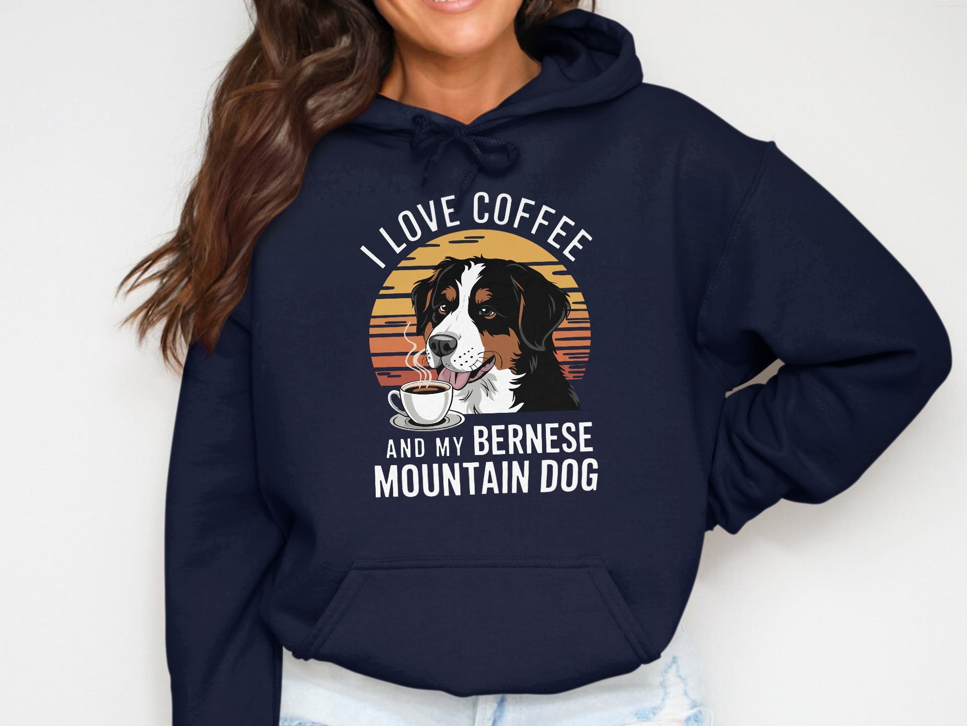 Dark blue hoodie with Bernese Mountain Dog and coffee graphic and text.