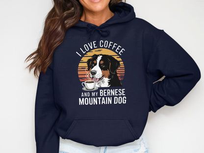 Dark blue hoodie with Bernese Mountain Dog and coffee graphic and text.