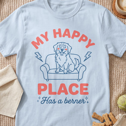 Light blue t-shirt with "My Happy Place Has a berner" and a dog on a couch graphic.