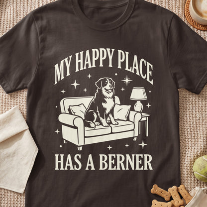 Bernese Mountain Dog on couch with text "MY HAPPY PLACE HAS A BERNER"