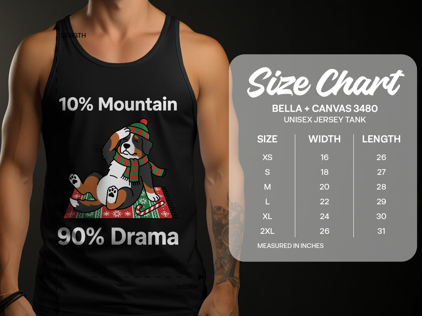 Black tank top with "10% Mountain 90% Drama" text and a Bernese Mountain Dog graphic.