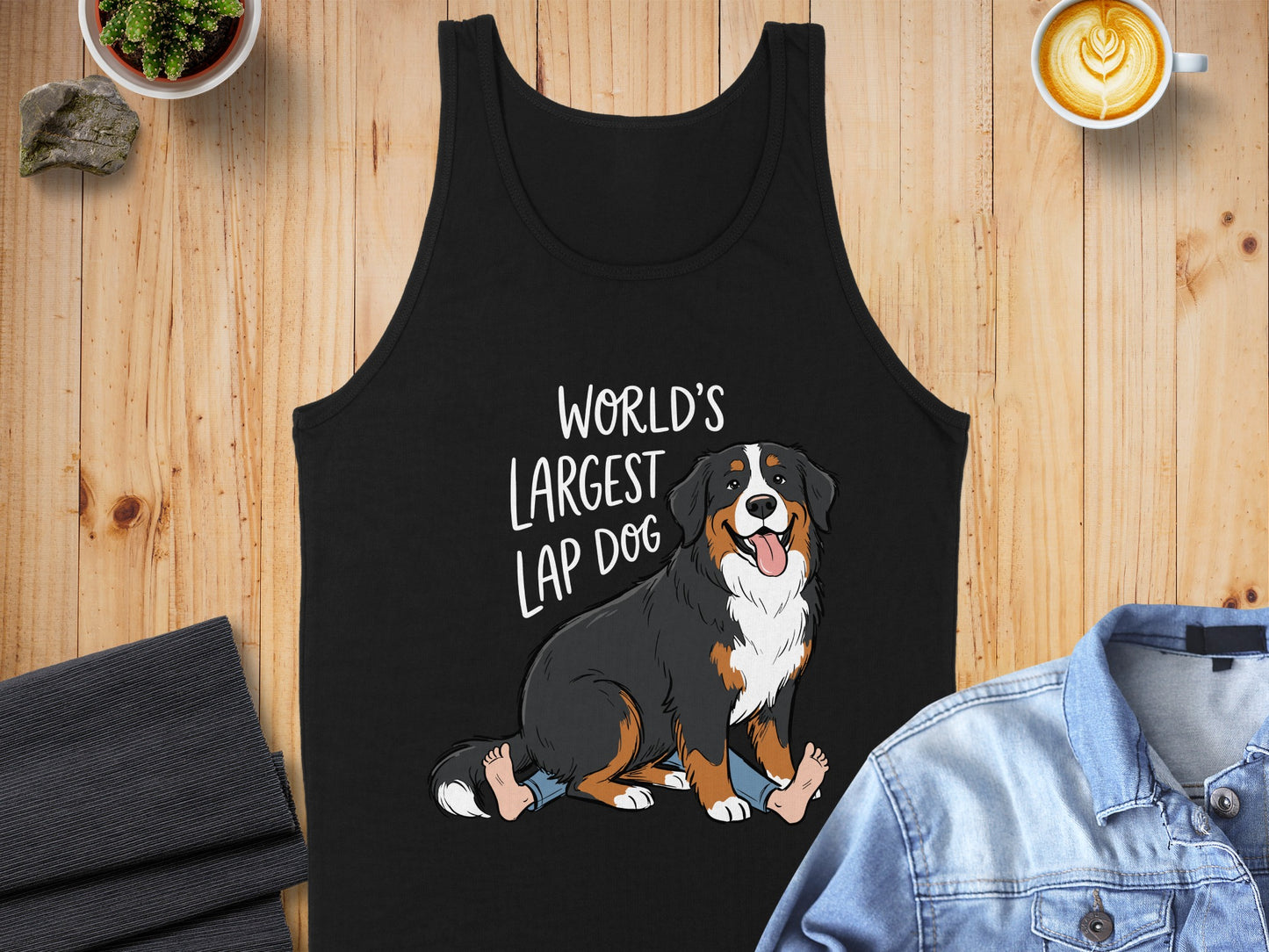 Black tank top with cartoon Bernese Mountain Dog and text "WORLD'S LARGEST LAP DOG".