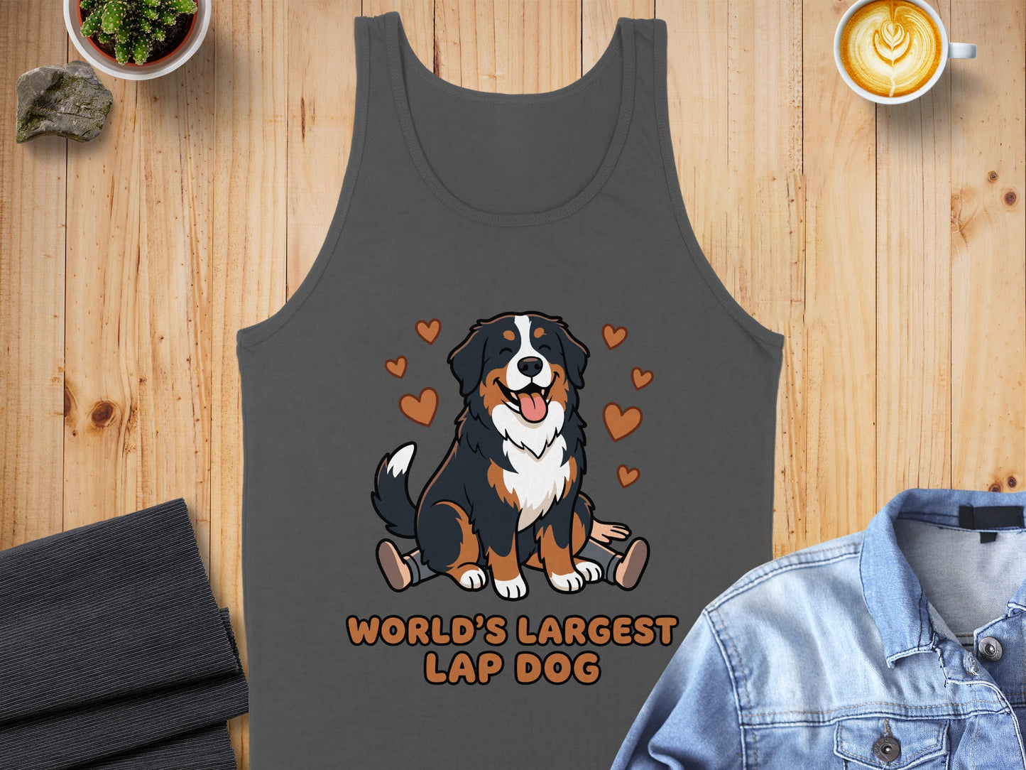Gray tank top with cartoon Bernese Mountain Dog and text "WORLD'S LARGEST LAP DOG."