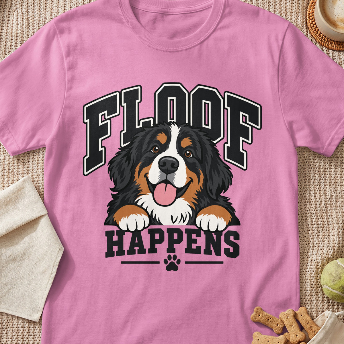 Pink t-shirt with a smiling Bernese Mountain Dog illustration and text "FLOOF HAPPENS".