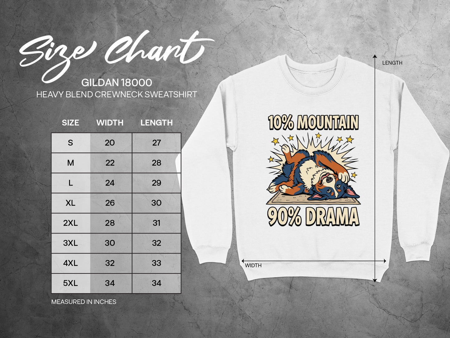 Gildan 18000 Heavy Blend crewneck sweatshirt size chart displayed with a graphic of a dog.