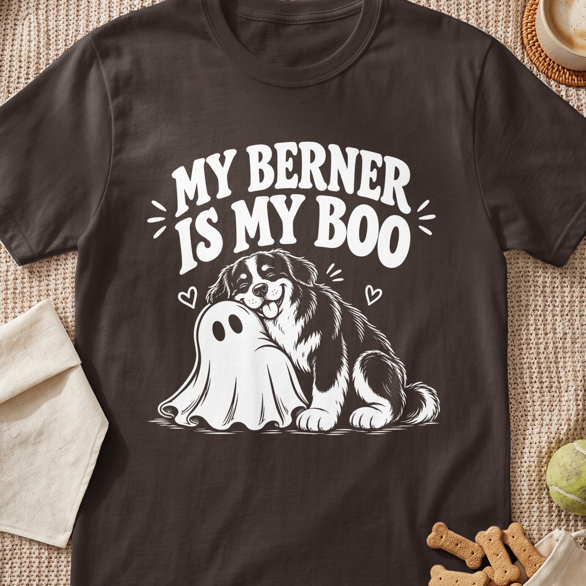 Brown t-shirt with white text "My Berner Is My Boo" and a dog hugging a ghost.