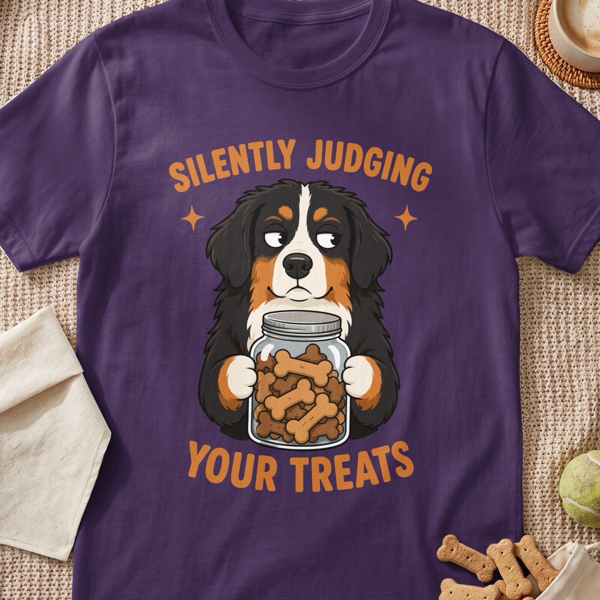 Bernese Mountain Dog holding a jar of bone-shaped treats, text says "Silently Judging Your Treats."