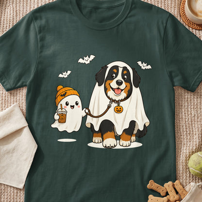 Bernese Mountain Dog and ghost in Halloween costumes, holding leash and drink.
