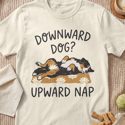T-shirt graphic with dog sleeping and text "Downward Dog? Upward Nap".