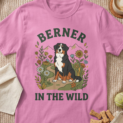 Pink t-shirt with "BERNER IN THE WILD" text and a Bernese Mountain Dog illustration.