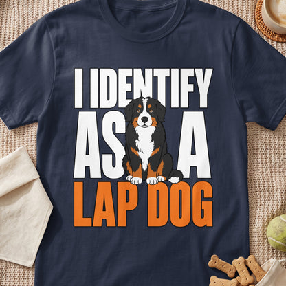 Navy t-shirt with white text "I IDENTIFY AS A" and a Bernese Mountain Dog illustration.