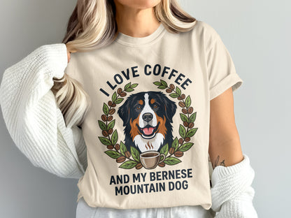 Bernese Mountain Dog and coffee graphic design with text I love coffee and my Bernese Mountain Dog.
