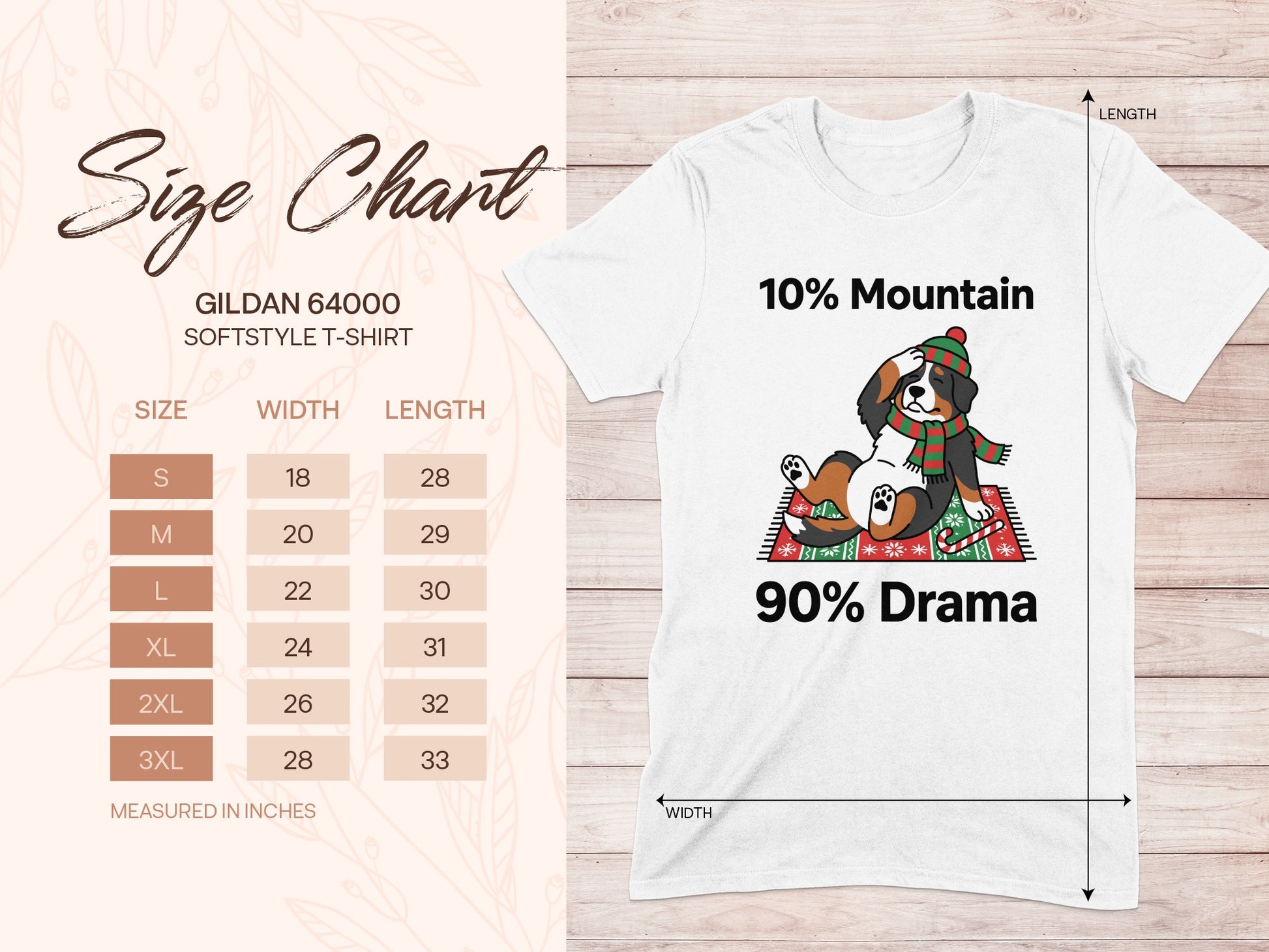 Size chart for Gildan 64000 softstyle t-shirt with dog graphic.