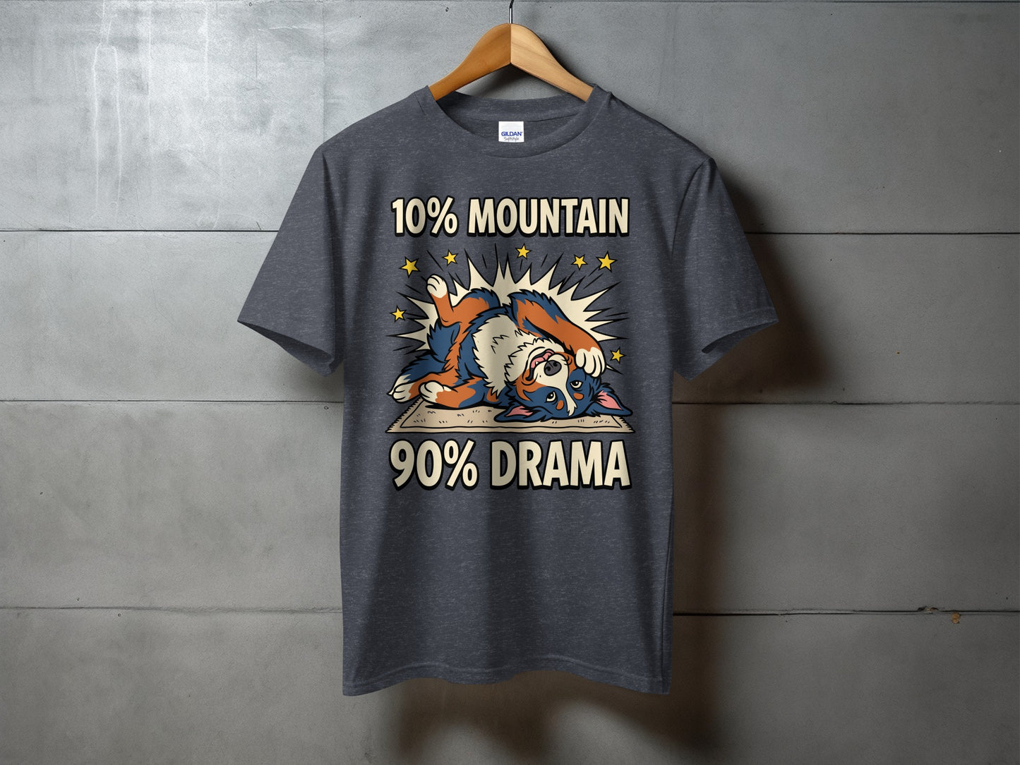 T-shirt with cartoon dog and text "10% MOUNTAIN 90% DRAMA".