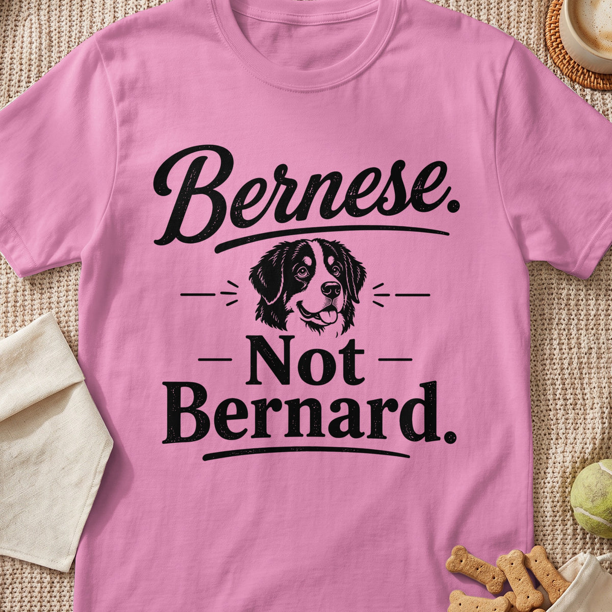 Pink t-shirt with black text "Bernese. - Not - Bernard." and a dog illustration.