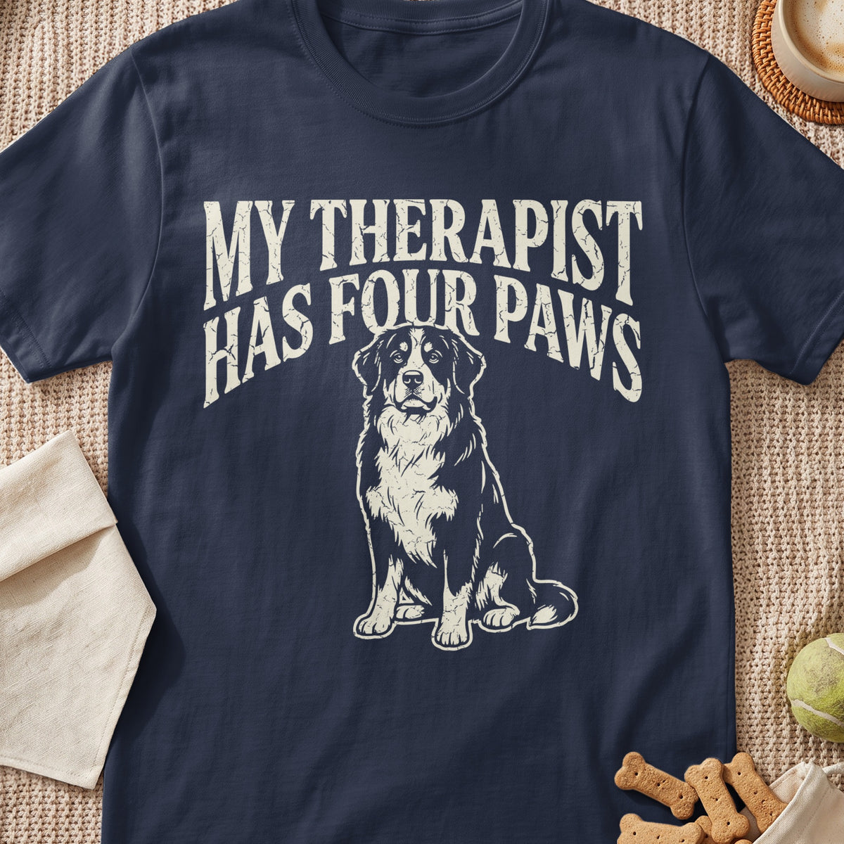 Navy t-shirt with text "MY THERAPIST HAS FOUR PAWS" and a dog graphic.