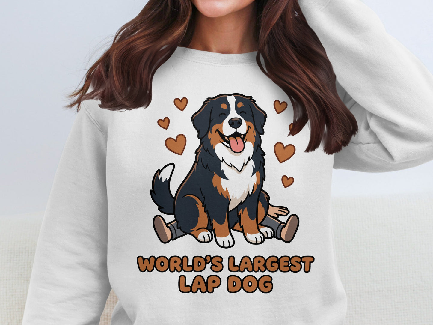 Bernese Mountain Dog with hearts and text "World's Largest Lap Dog".