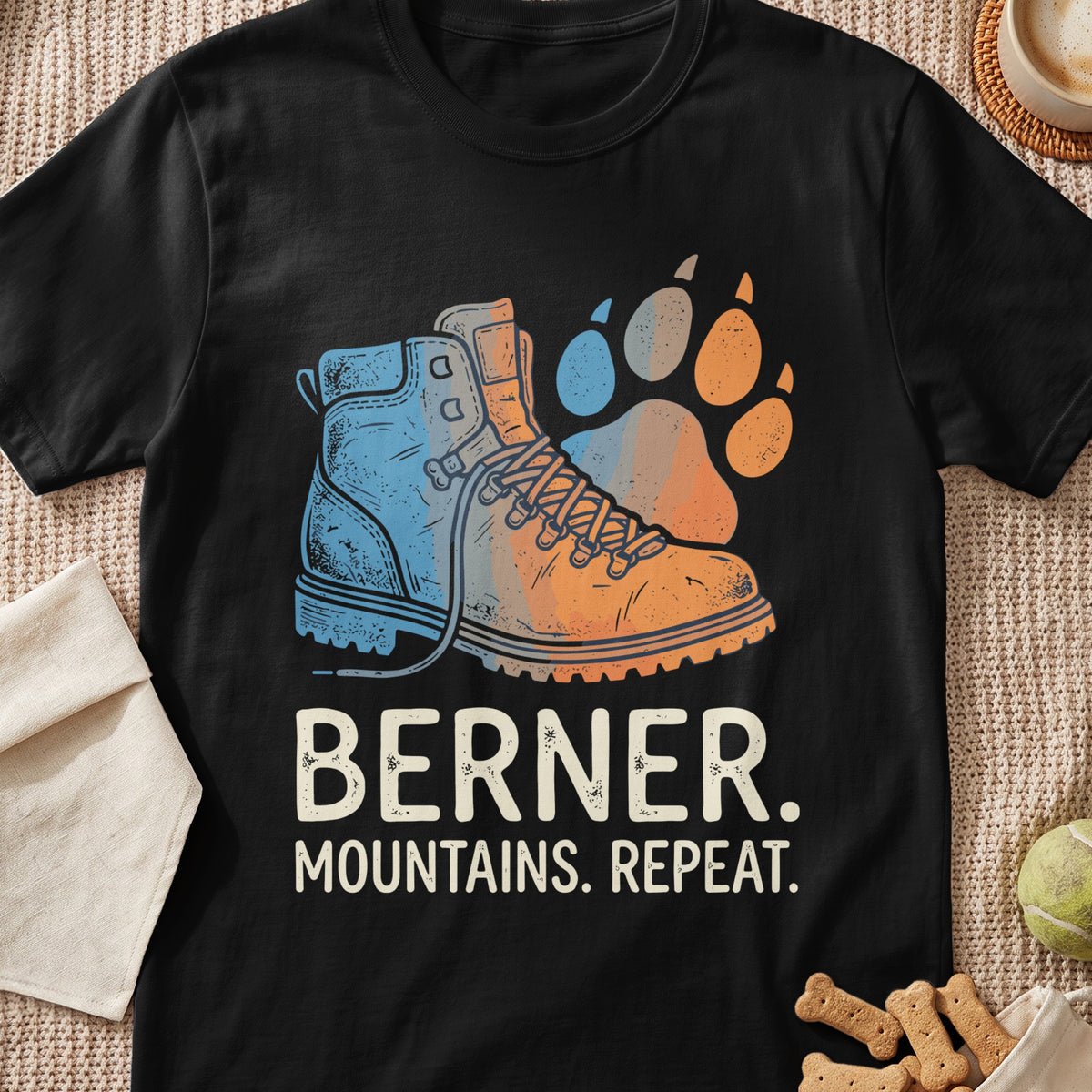 Black t-shirt with hiking boot, paw print, and text "BERNER. MOUNTAINS. REPEAT."