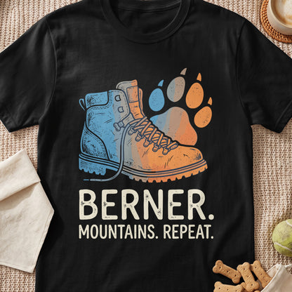 Black t-shirt with hiking boot, paw print, and text "BERNER. MOUNTAINS. REPEAT."