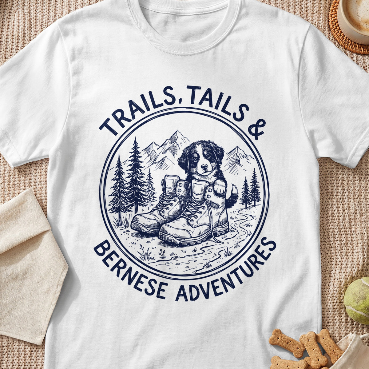 Bernese puppy in hiking boots with mountains and text "Trails, Tails & Bernese Adventures".