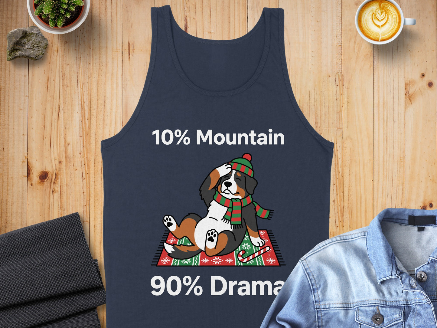 Navy tank top with dog graphic reading "10% Mountain 90% Drama".
