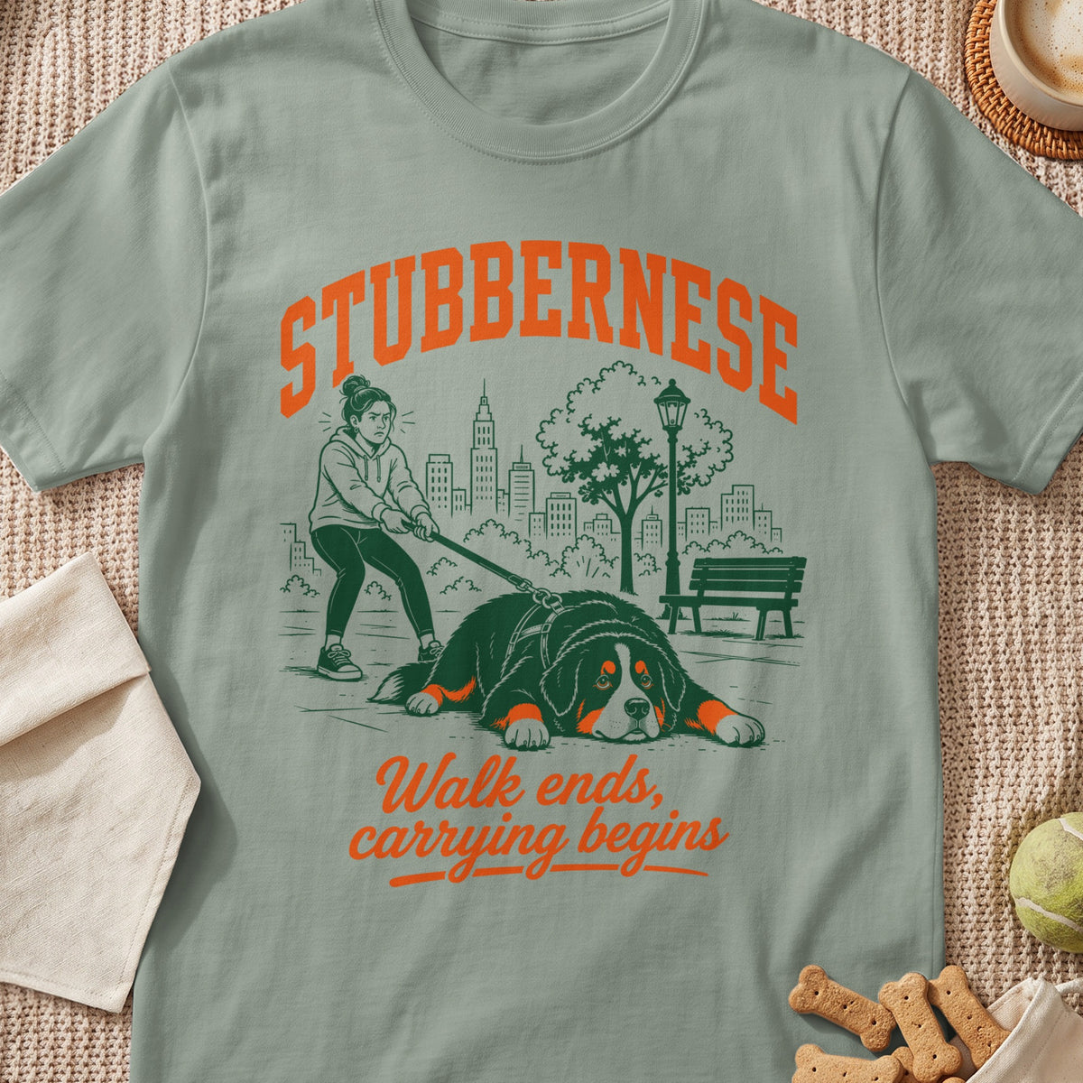 Stubbernese text with illustration of a woman walking a stubborn dog in a city park.