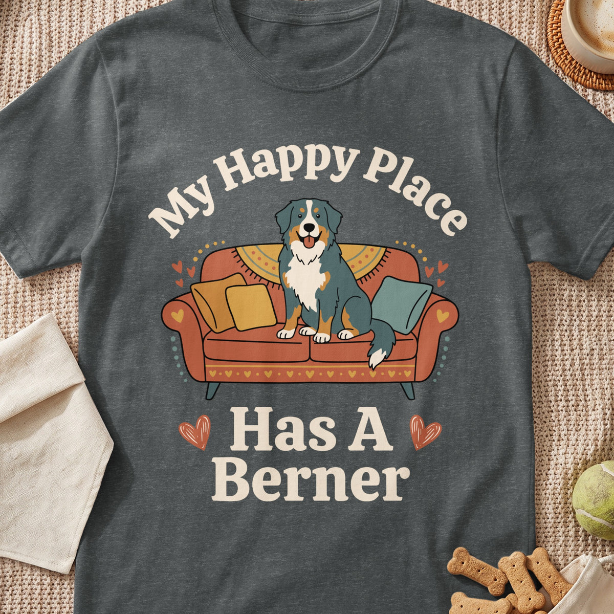 Bernese Mountain Dog on couch with text "My Happy Place Has A Berner".