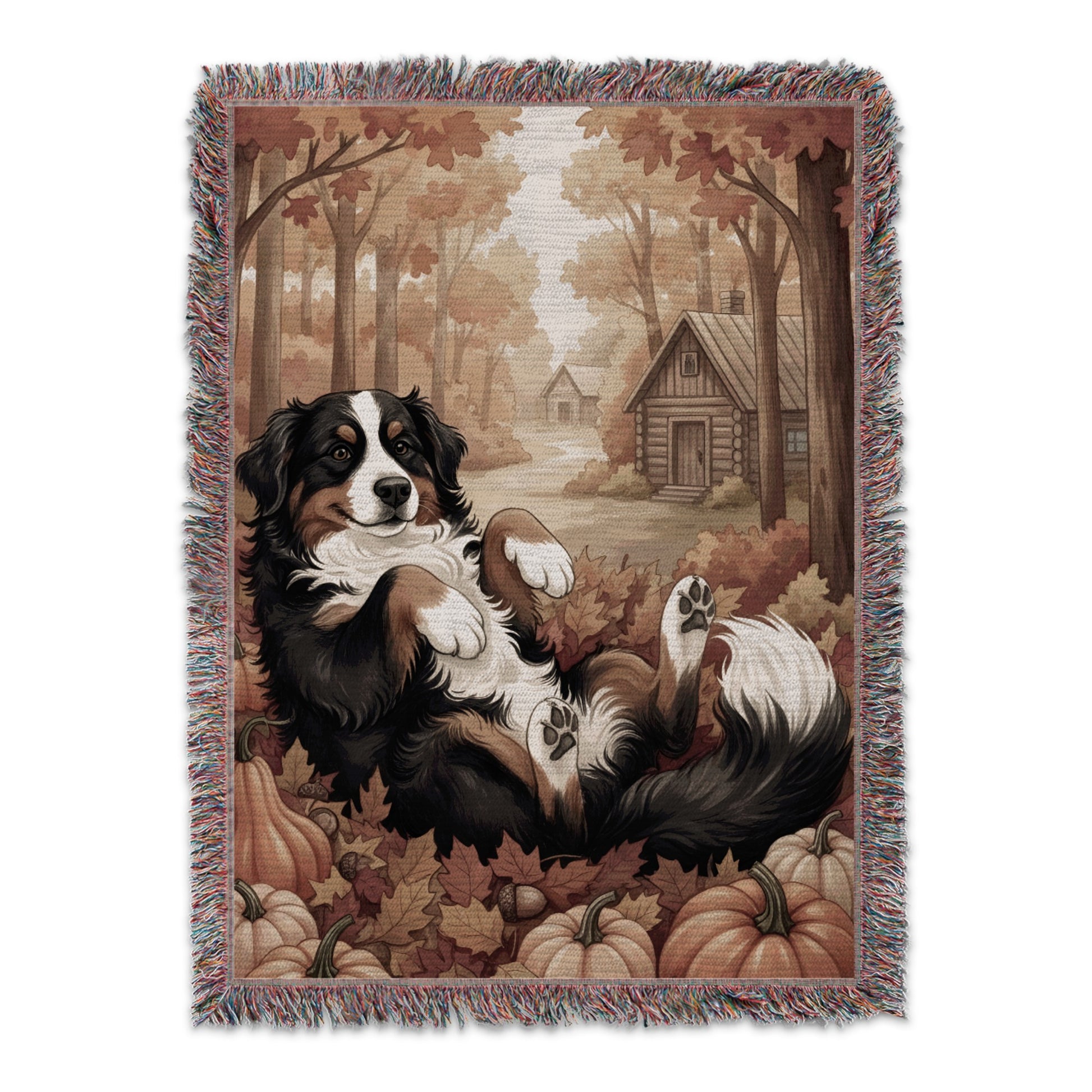 Cozy Autumn Scene with Dog and Cabin Blanket