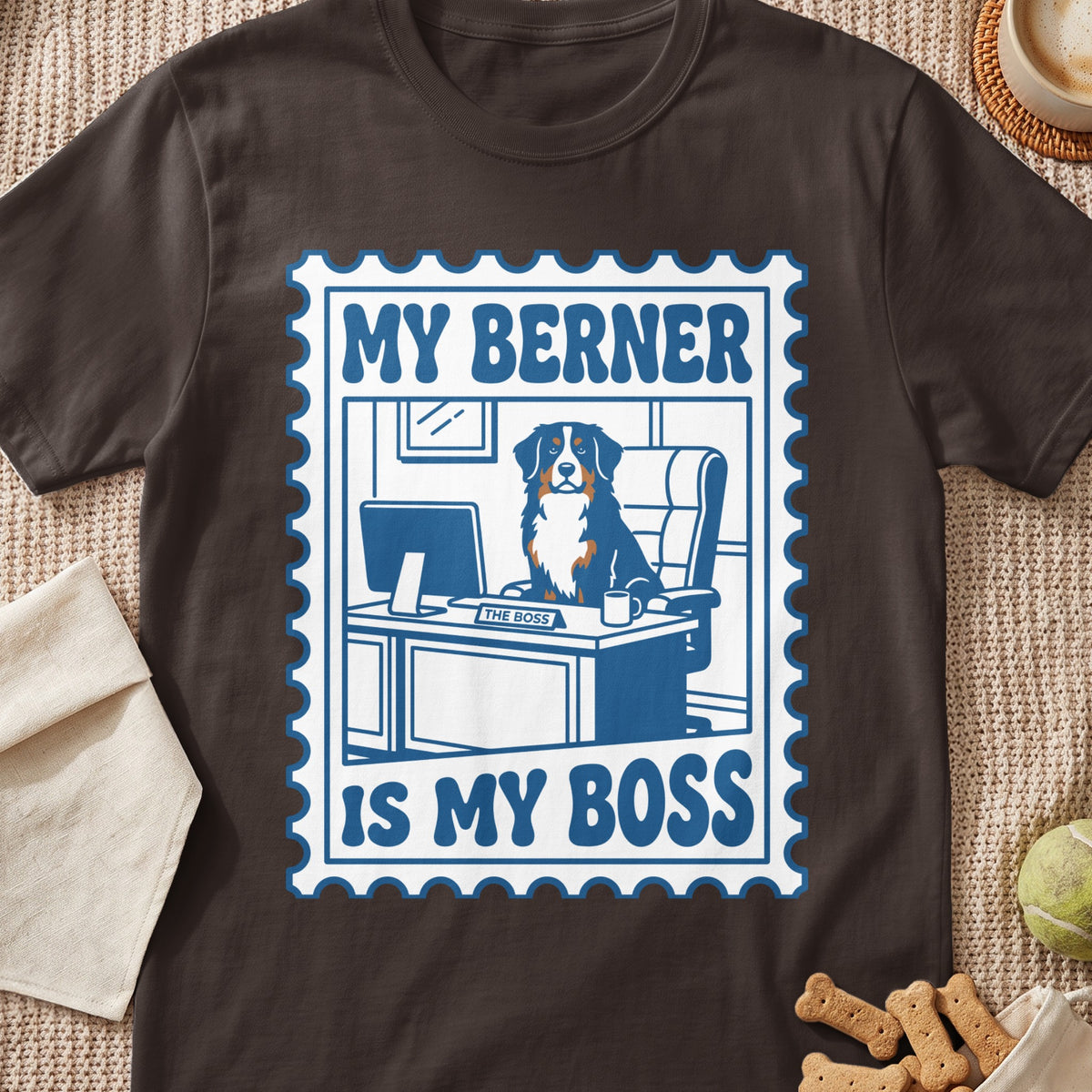 Bernese Mountain Dog sitting at a desk with "The Boss" sign, "MY BERNER IS MY BOSS".
