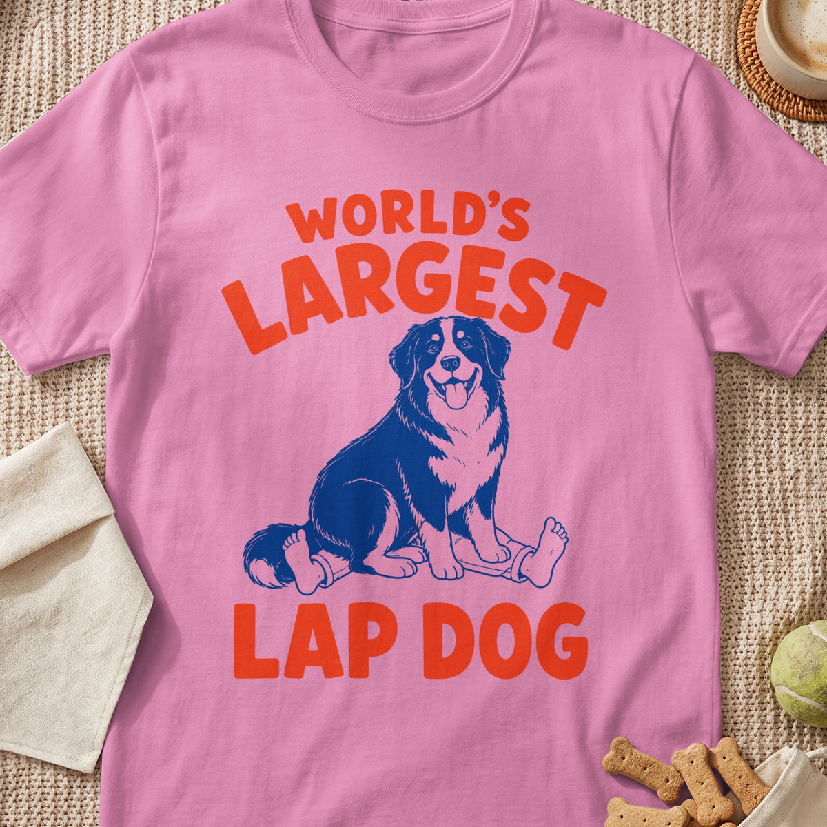 Pink t-shirt with a blue dog sitting on legs with text "WORLD'S LARGEST LAP DOG".