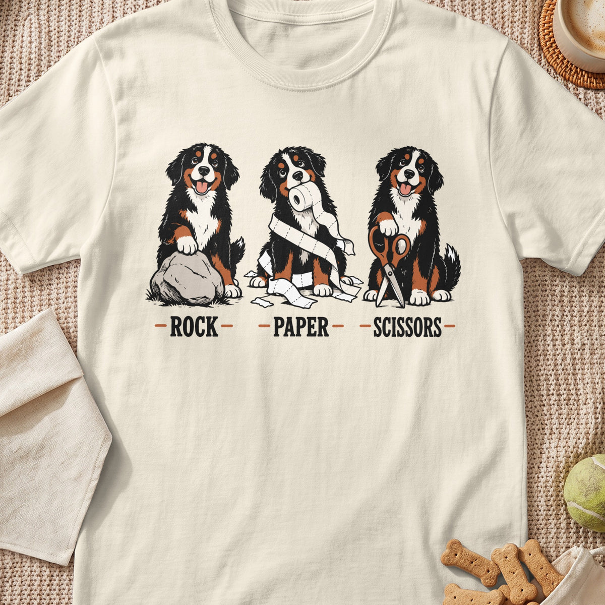 Three Bernese Mountain Dogs play rock, paper, scissors with a rock, toilet paper, and scissors.