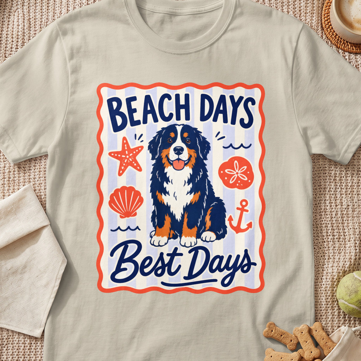 T-shirt with Bernese Mountain Dog graphic and text "BEACH DAYS Best Days".