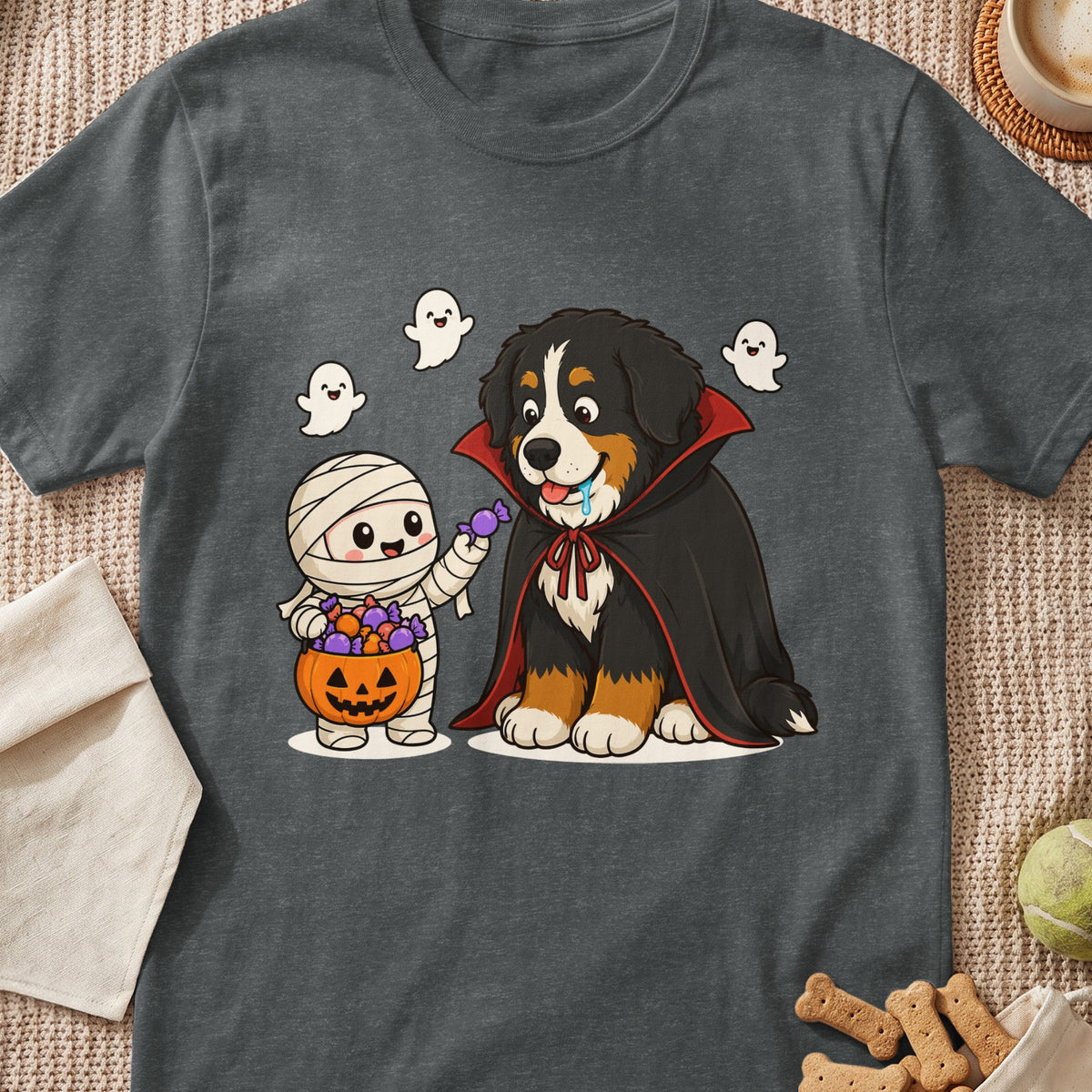Bernese Mountain Dog in vampire costume and mummy offer candy to ghosts.