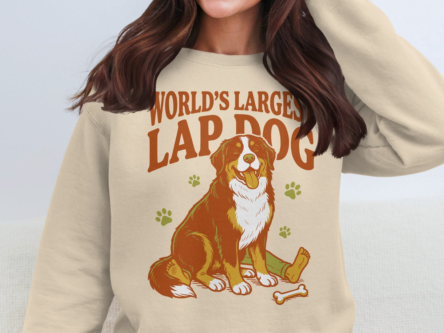 Bernese Mountain Dog illustration with "World's Largest Lap Dog" text and dog bone.