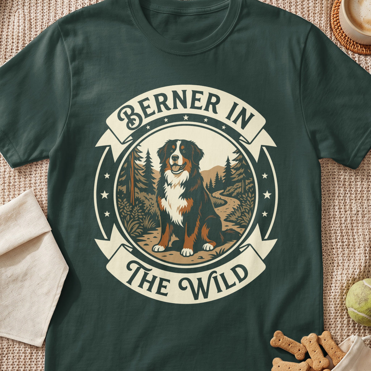 Bernese Mountain Dog in a forest scene with text "Berner In The Wild."