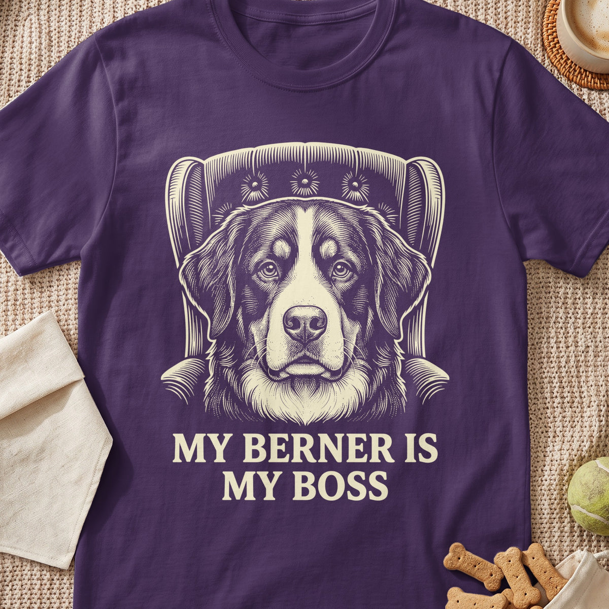 Purple t-shirt with a vintage style Bernese Mountain Dog portrait and text.