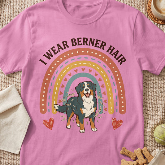 Pink t-shirt with "I Wear Berner Hair" text and a cartoon Bernese Mountain Dog.