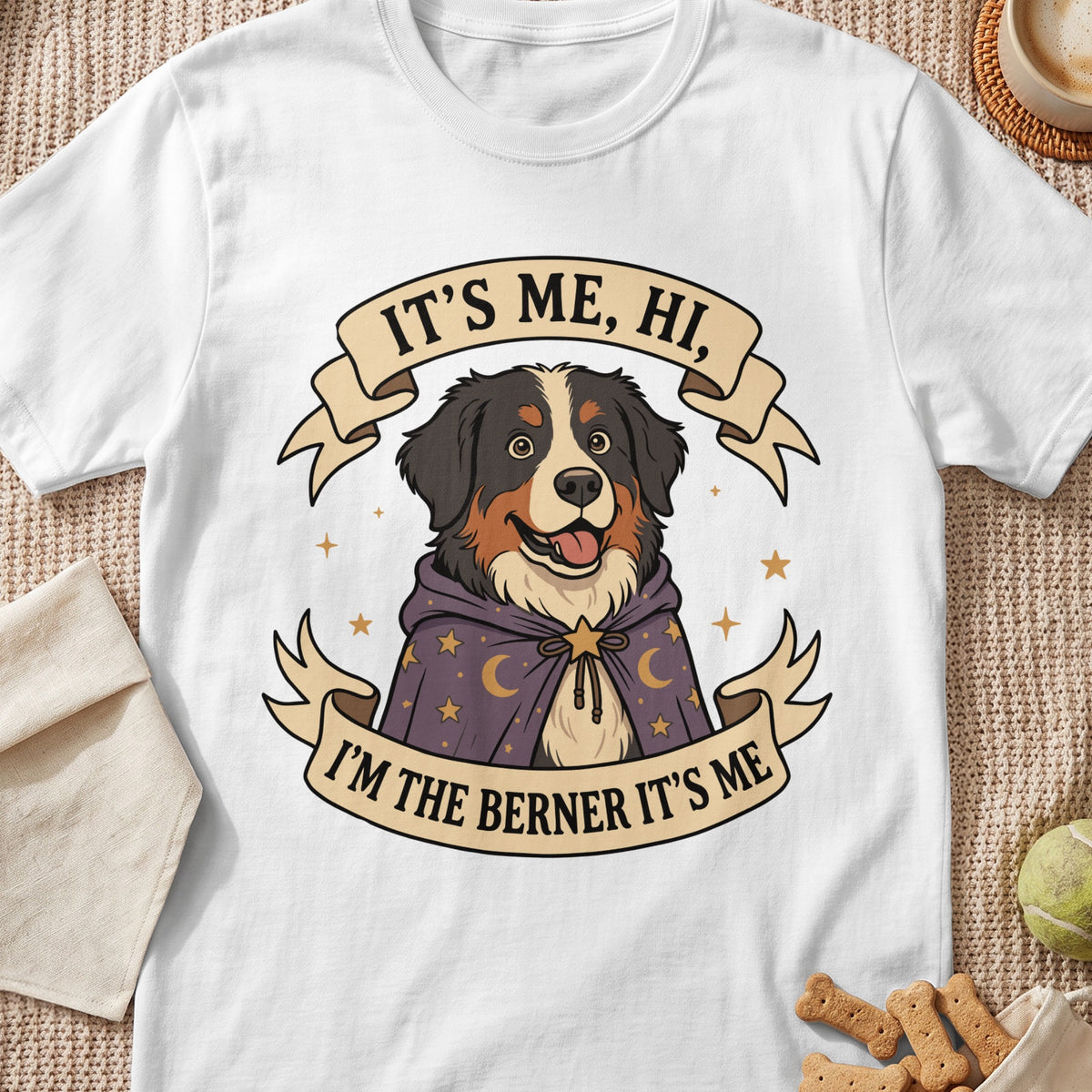 Bernese Mountain Dog wearing a starry cape with text: "IT'S ME, HI, I'M THE BERNER IT'S ME".