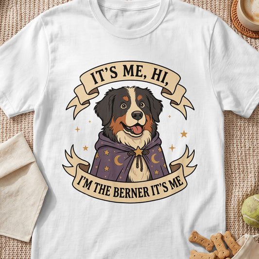 Bernese Mountain Dog wearing a starry cape with text: "IT'S ME, HI, I'M THE BERNER IT'S ME".